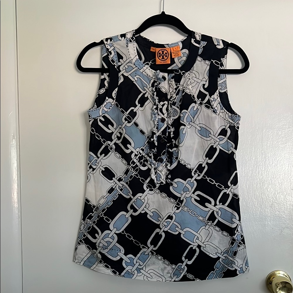 Tory Burch Black and White Sleeveless Tie Front Blouse